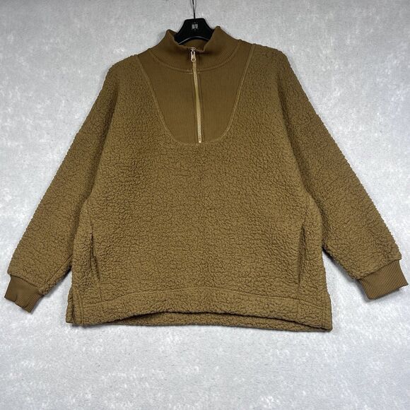 Aerie Jacket Womens Small Burnt Yellow Sherpa Teddy Quarter Zip Pullover Jacket - Picture 1 of 11
